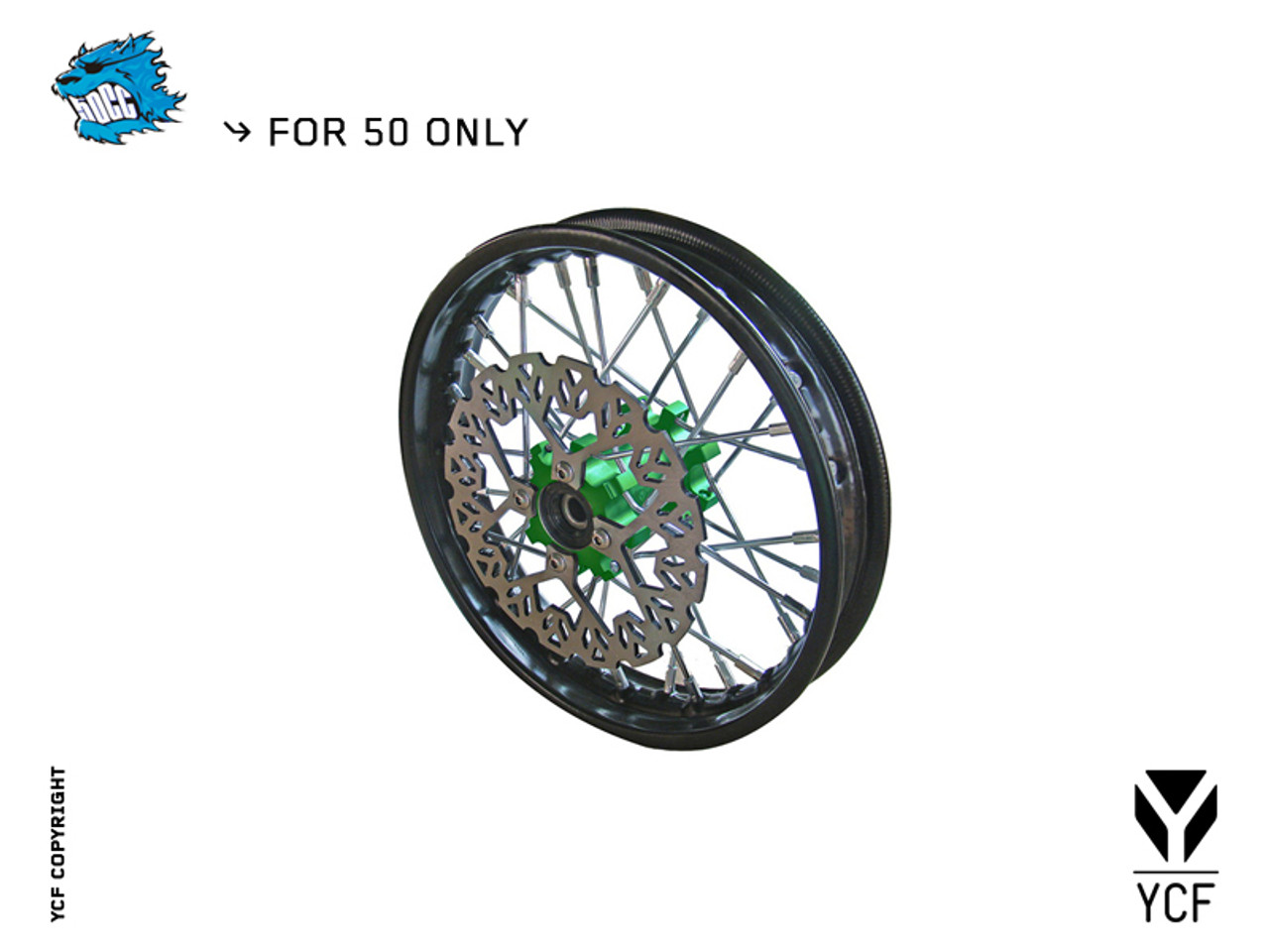 COMPLETE 10" FRONT WHEEL w/BRAKE DISC - GREEN HUB