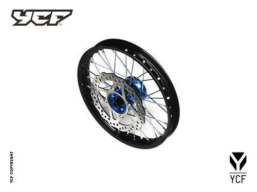 COMPLETE ALUMINUM FRONT WHEEL 1.4x14" w/DISC - BLUE HUB