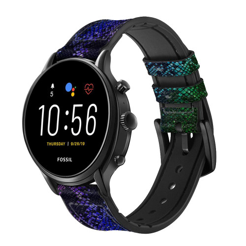CA0676 Rainbow Python Skin Graphic Print Silicone & Leather Smart Watch Band Strap For Fossil Smartwatch
