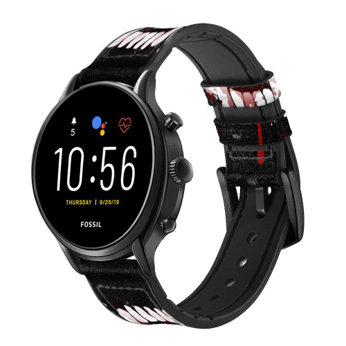 CA0813 Vampire Teeth Bloodstain Silicone & Leather Smart Watch Band Strap For Fossil Smartwatch