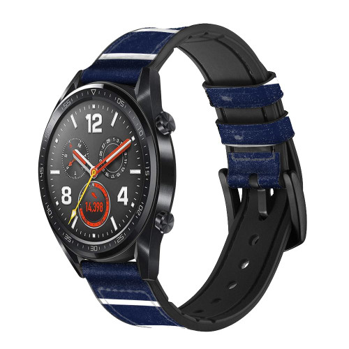 CA0434 Navy White Striped Silicone & Leather Smart Watch Band Strap For Wristwatch Smartwatch