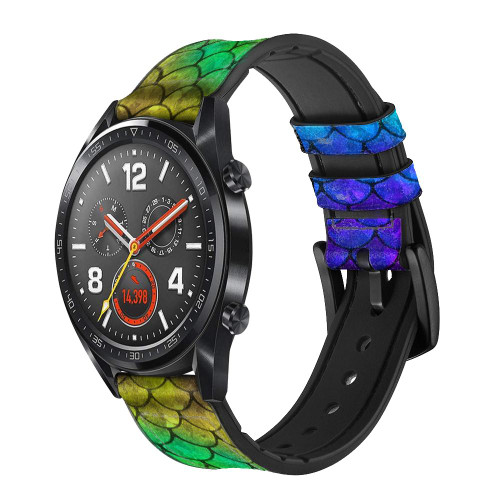 CA0510 Mermaid Fish Scale Silicone & Leather Smart Watch Band Strap For Wristwatch Smartwatch