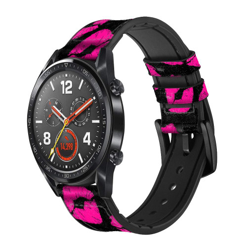 CA0512 Pink Lips Kisses on Black Silicone & Leather Smart Watch Band Strap For Wristwatch Smartwatch