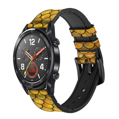 CA0523 Gold Fish Scale Silicone & Leather Smart Watch Band Strap For Wristwatch Smartwatch