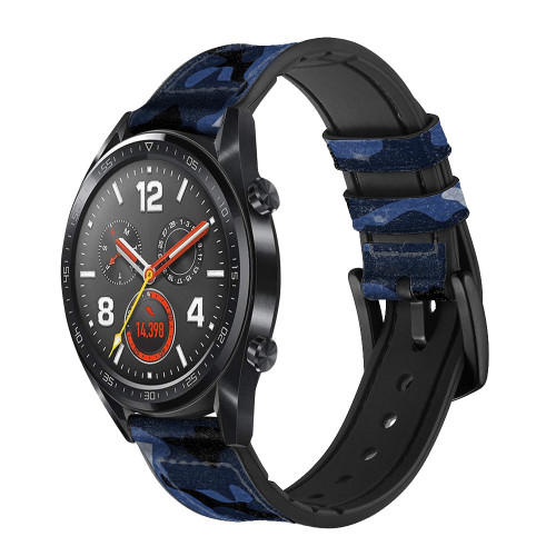 CA0527 Navy Blue Camo Camouflage Silicone & Leather Smart Watch Band Strap For Wristwatch Smartwatch