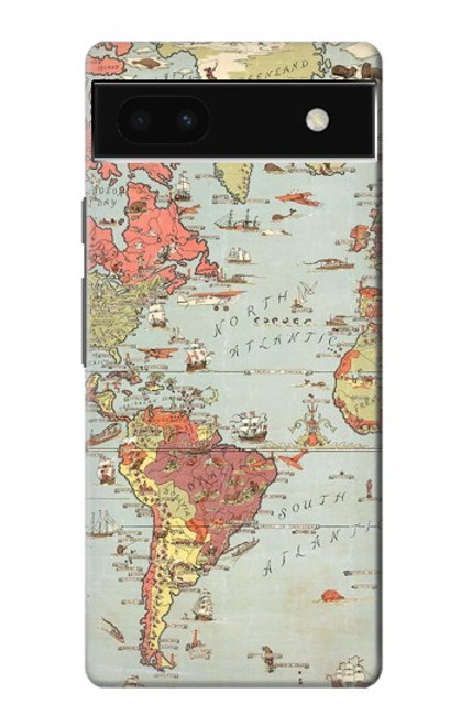 W3418 Vintage World Map Hard Case and Leather Flip Case For Google Pixel 6a