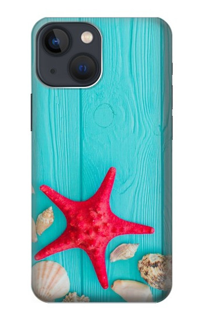 W3428 Aqua Wood Starfish Shell Hard Case and Leather Flip Case For iPhone 14 Plus