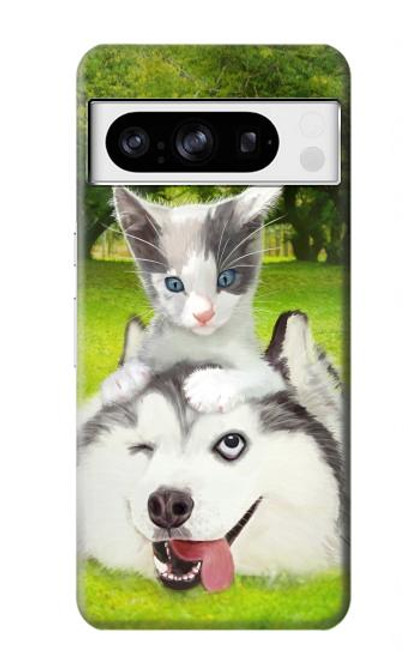 W3795 Kitten Cat Playful Siberian Husky Dog Paint Hard Case and Leather Flip Case For Google Pixel 8 pro