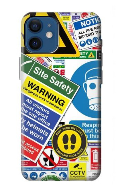 W3960 Safety Signs Sticker Collage Hard Case and Leather Flip Case For iPhone 12 mini