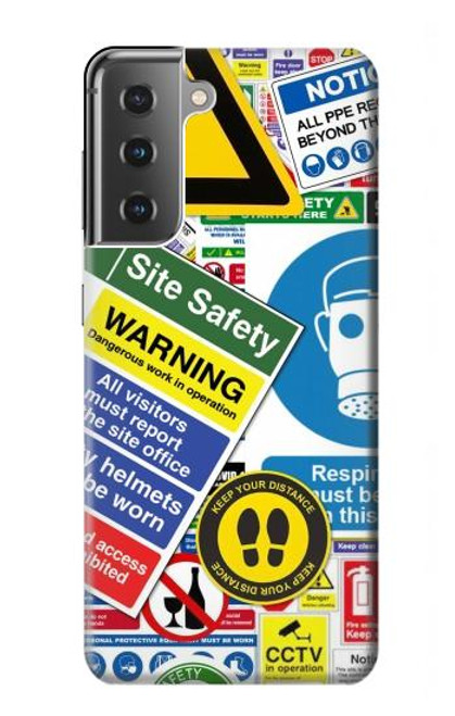 W3960 Safety Signs Sticker Collage Hard Case and Leather Flip Case For Samsung Galaxy S21 Plus 5G, Galaxy S21+ 5G