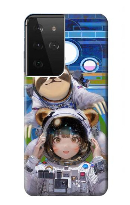 W3915 Raccoon Girl Baby Sloth Astronaut Suit Hard Case and Leather Flip Case For Samsung Galaxy S21 Ultra 5G