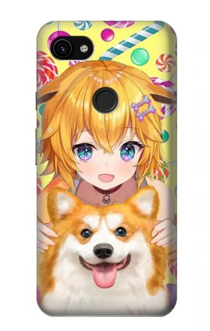 W3918 Baby Corgi Dog Corgi Girl Candy Hard Case and Leather Flip Case For Google Pixel 3a XL