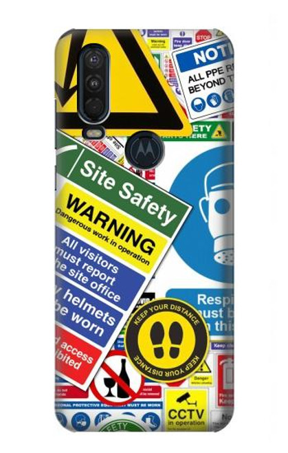 W3960 Safety Signs Sticker Collage Hard Case and Leather Flip Case For Motorola One Action (Moto P40 Power)