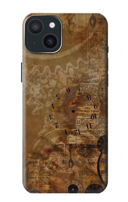 W3456 Vintage Paper Clock Steampunk Hard Case and Leather Flip Case For iPhone 15 Plus