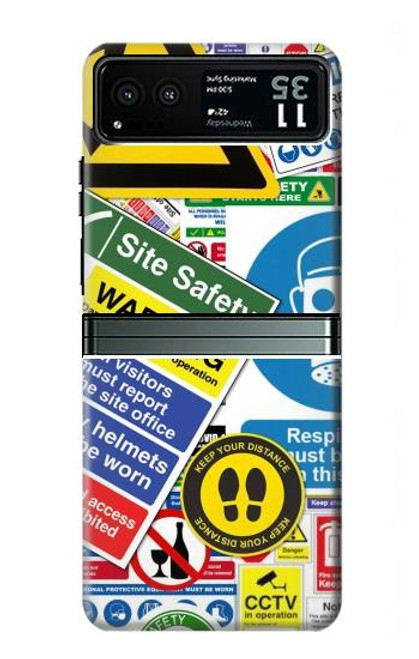 W3960 Safety Signs Sticker Collage Hard Case and Leather Flip Case For Motorola Razr 40