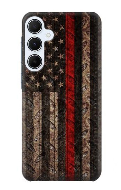 W3804 Fire Fighter Metal Red Line Flag Graphic Hard Case and Leather Flip Case For Samsung Galaxy A55 5G