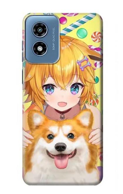 W3918 Baby Corgi Dog Corgi Girl Candy Hard Case and Leather Flip Case For Motorola Moto G Play 4G (2024)