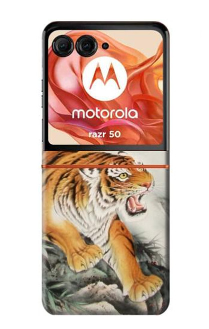 W2751 Chinese Tiger Brush Painting Hard Case and Leather Flip Case For Motorola razr 2024, Motorola Razr 50