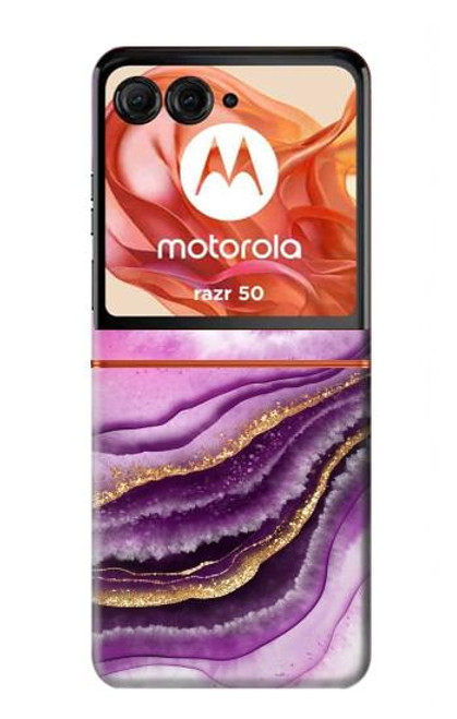 W3896 Purple Marble Gold Streaks Hard Case and Leather Flip Case For Motorola razr 2024, Motorola Razr 50