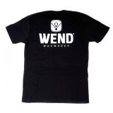 Back view of WEND logo t-shirt. Black cotton with white screen printed logo across shoulder blades. Back view of WEND logo t-shirt. Black cotton with white screen printed logo across shoulder blades.