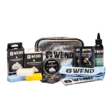 Wend Legends Wax Kit with contents showing (MF Natural Cleaner Conditioner bottle,  MF Performance Universal bar and Combo 3-Pack, MF Performance Speed Paste tin, MF Natural Liquid Juice towelettes, Wend Ski Scraper 5mm, Wend Microfiber Terry Cloth, and Wend Wax Travel Case)