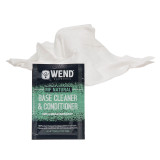 Single 6x6" liquid towelette of WEND MF Natural Base Cleaner & Conditioner, shown with towelette packaging open. Single 6x6" liquid towelette of WEND MF Natural Base Cleaner & Conditioner, shown with towelette packaging open.