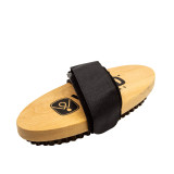 Top view of WEND's horsehair-bristled snow wax brush with leather strap and WEND logo on top of the wood body of brush.