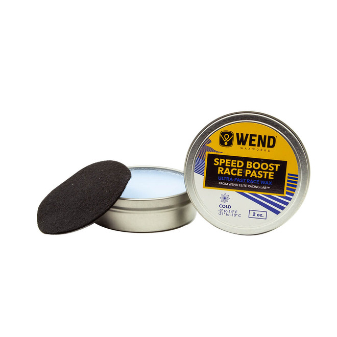 2oz paste tin of WEND Speed Boost Race Paste in Cold temp, shown with open tin and felt applicator pad.