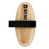 Top view of WEND's nylon-bristled snow wax brush with leather strap and WEND logo on top of the wood body of brush.