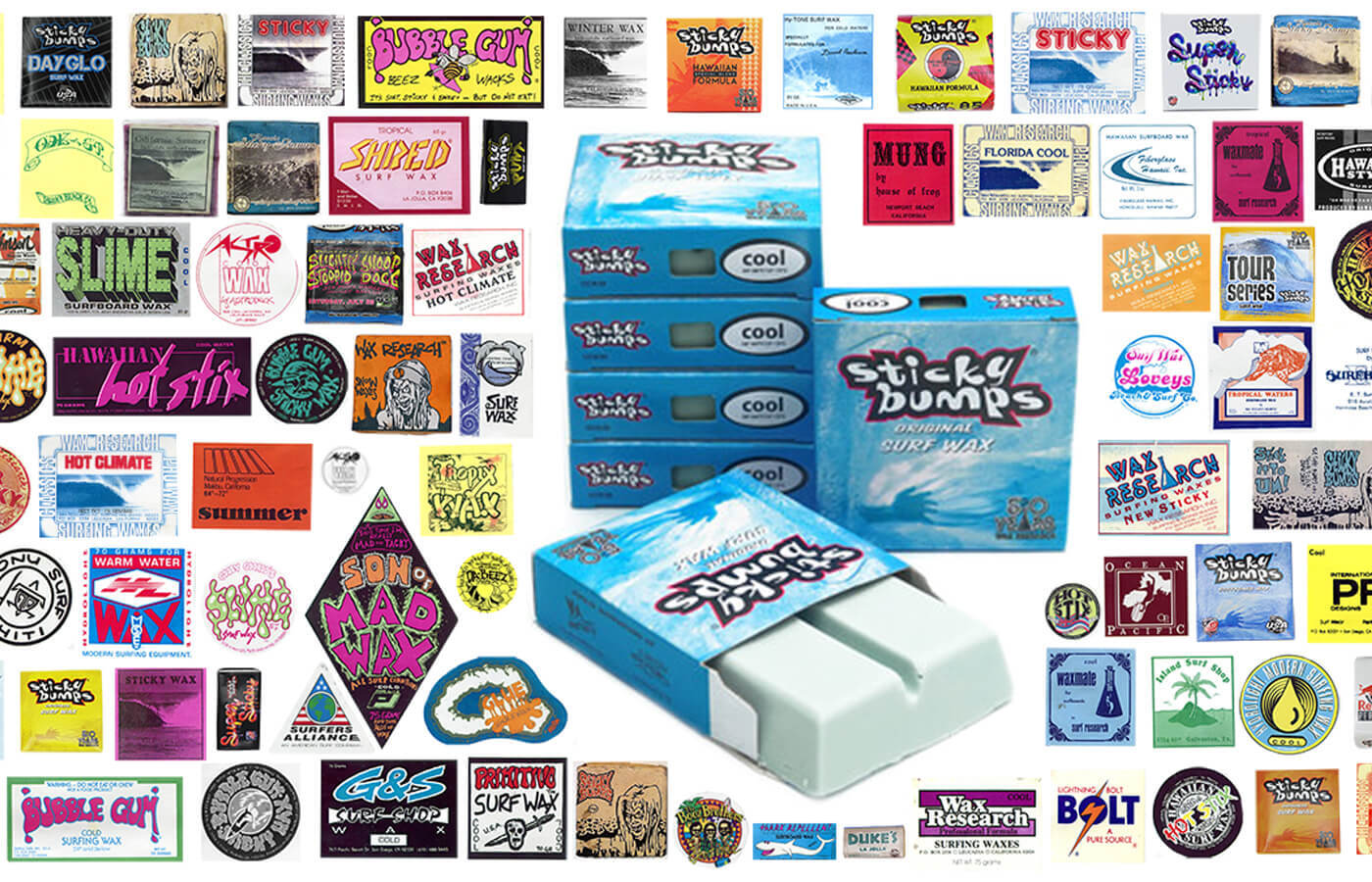 Collage of surf wax bars developed by Wax Research/Wend founder John Dahl, with iconic Sticky Bumps surf wax