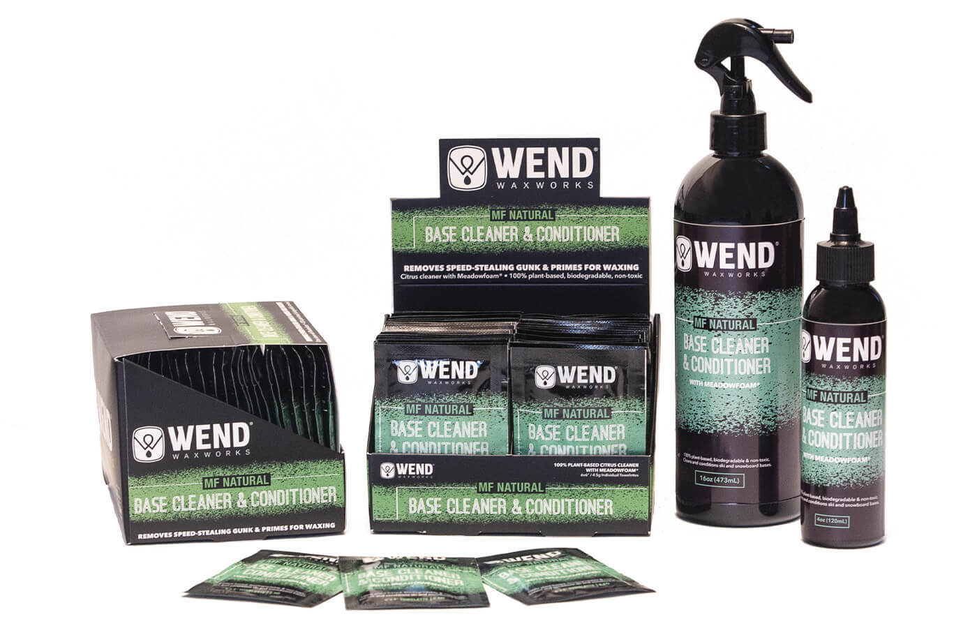 Group of Wend MF Natural Base Cleaner & Conditioner products (bottles and towelettes)