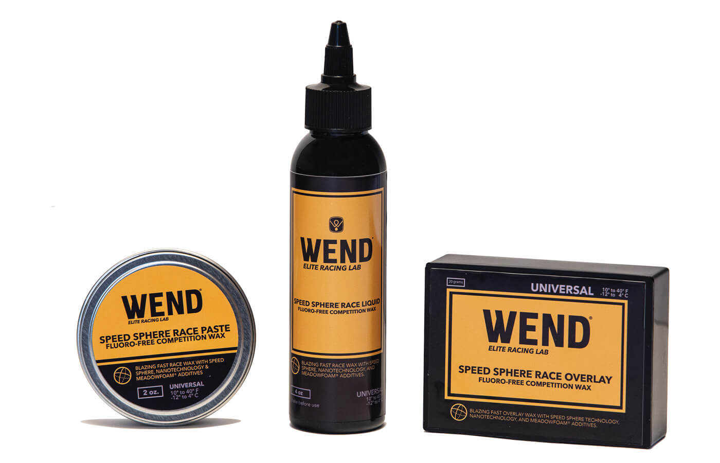 Group of Wend Elite Racing Lab waxes (Speed Sphere Race Paste, Race Liquid & Race Overlay)