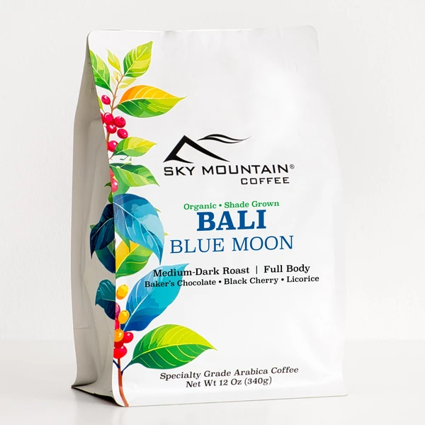 A 12oz bag of Bali Blue Moon organic, shade grown coffee.