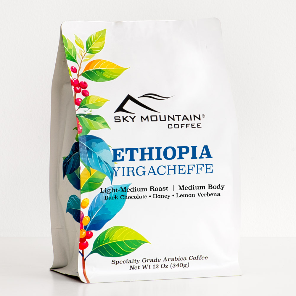 A 12 ounce bag of Ethiopia Sidamo whole bean coffee