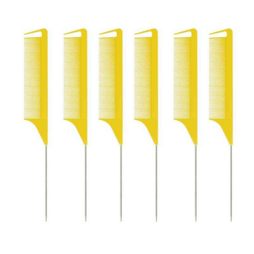6 PC Yellow Rat Tail Styling Comb with Stainless Steel Pintail Braiding Combs
