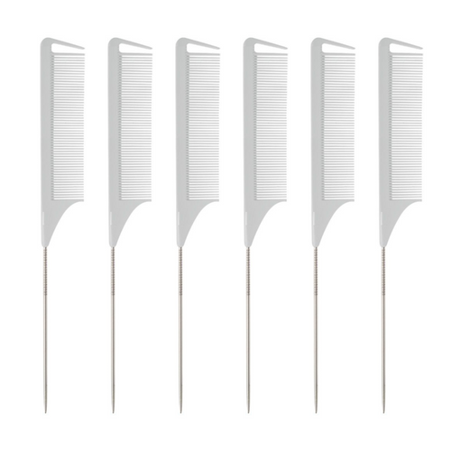 6 PC White Rat Tail Styling Comb with Stainless Steel Pintail Braiding Combs