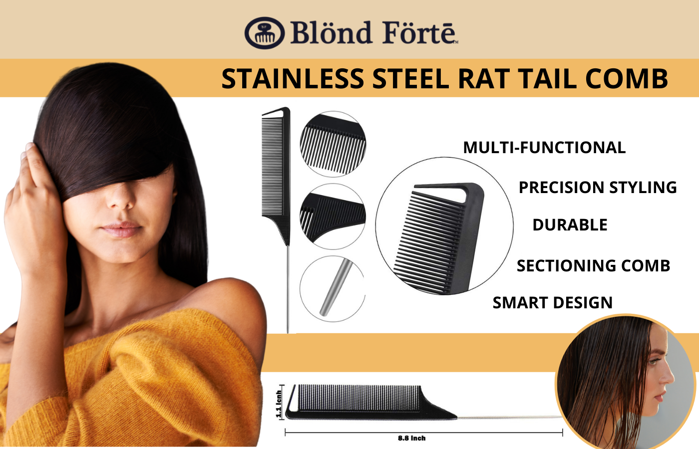 6 Piece Rat Tail Styling Stainless Steel Comb - Blond Forte