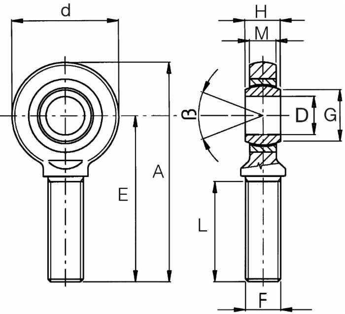 Terminale a snodo maschio per terzo punto Ø 10mm con accoppiamento acciaio su PTFE - Ama