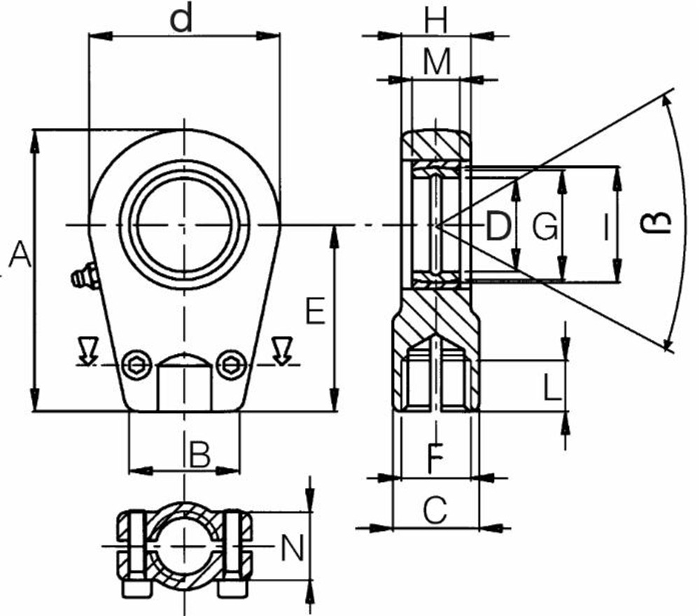 Terminale a snodo per terzo punto sferico Ø 25mm con viti di fissaggio - Ama