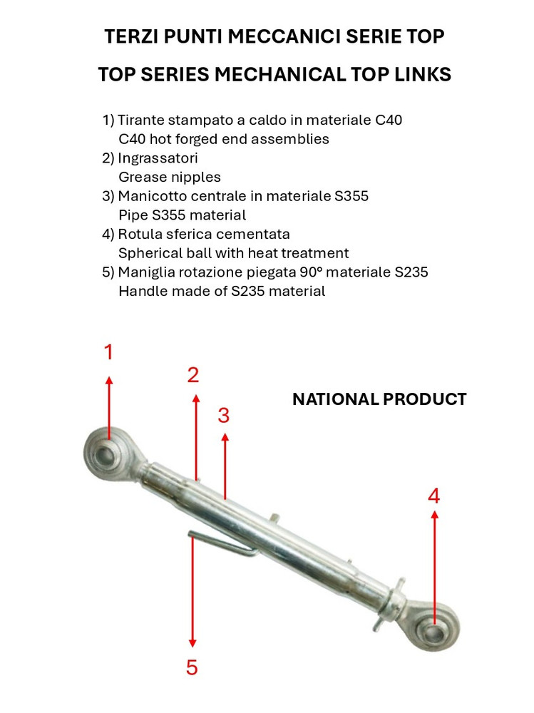 Terzo punto meccanico Top completo regolabile 540-790mm tirante filettato M30 - Ama