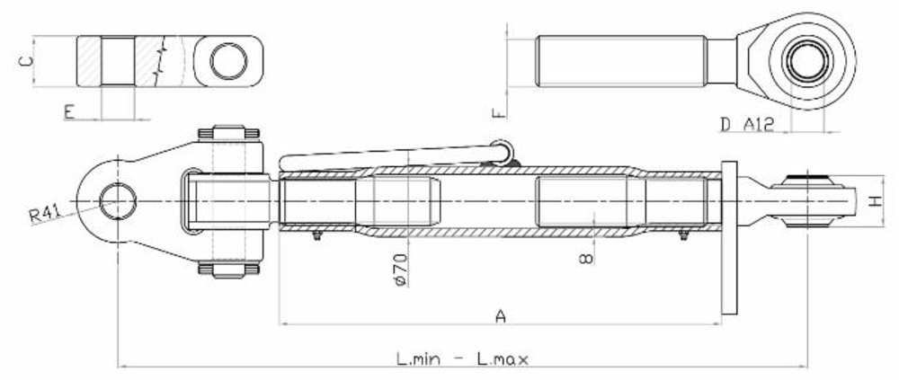 Terzo punto cat. III-IV con tirante e attacco snodato M48x3 lunghezza 535-700mm - Ama