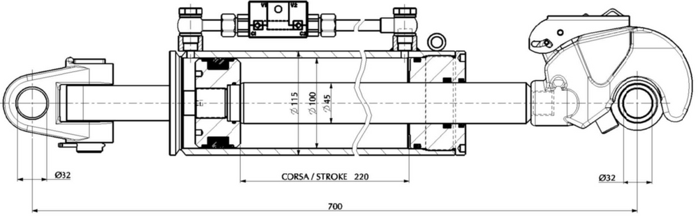 Ama Terzo punto trattore idraulico cat. III lungo 700-920mm con 2 Tubi 3/8” 2SN alesaggio 100mm - Ama