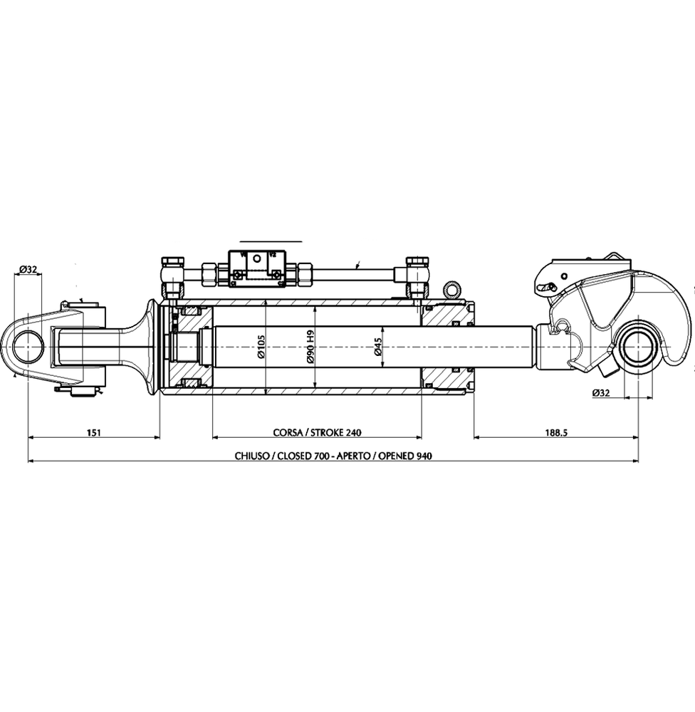 Ama Terzo punto trattore idraulico cat. III 700-940mm con 2 Tubi 3/8” 2SN alesaggio 90mm - Ama