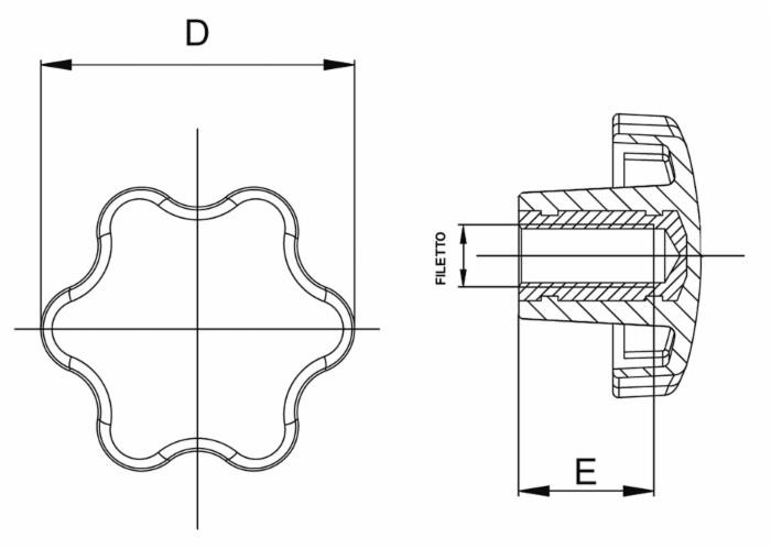 Volantino 6 lobi femmina Ø 30mm filetto M6 - Ama