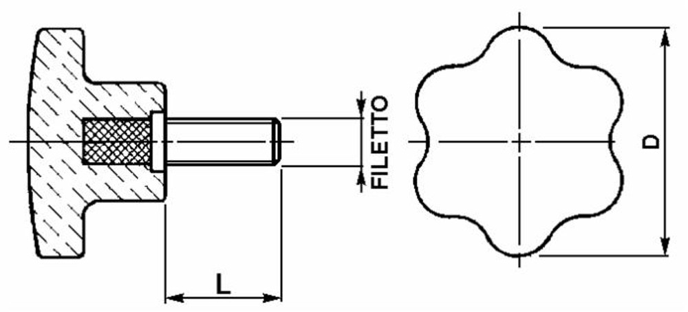 Volantino a 6 lobi Ø 70mm con perno filetto M12x20mm - Ama