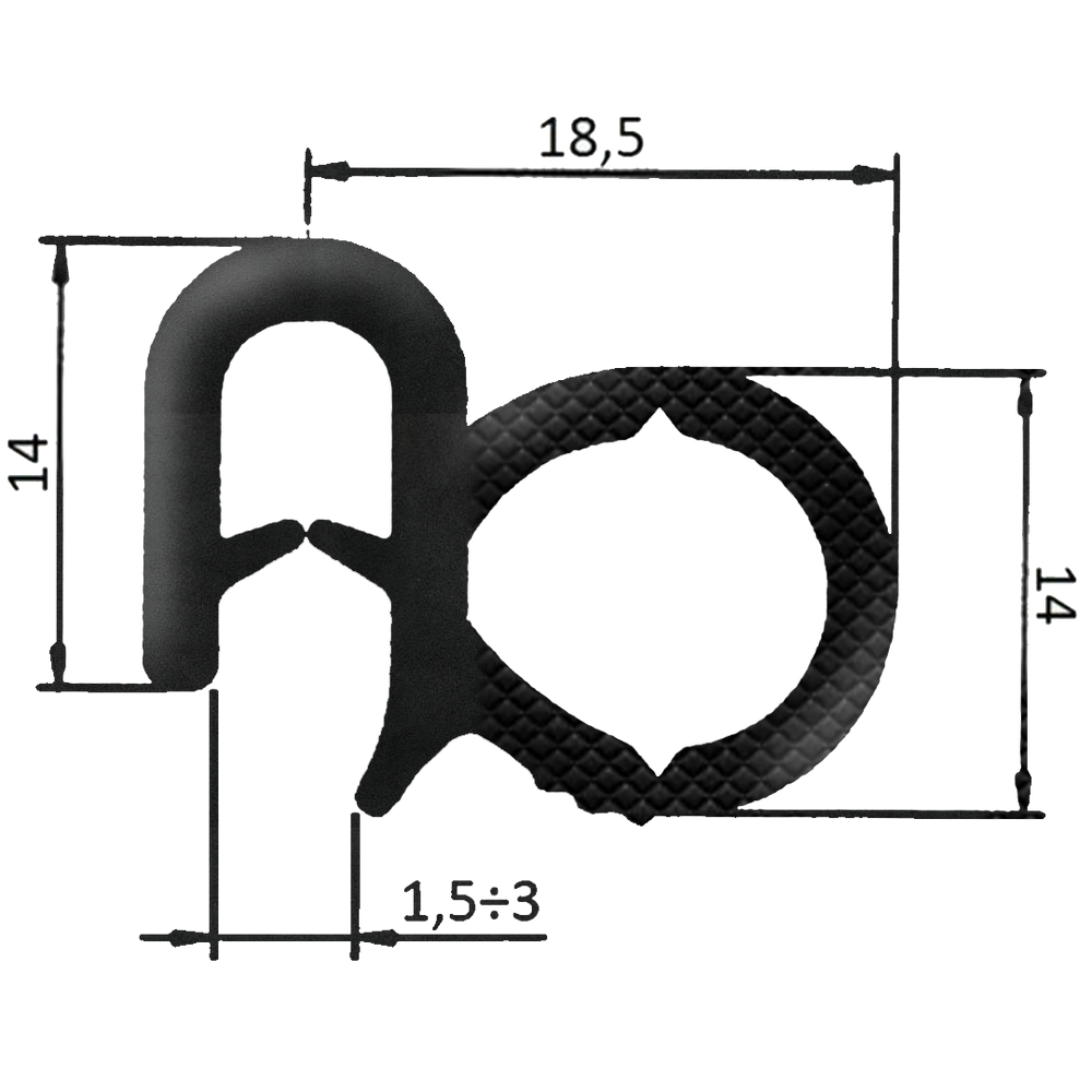 Guarnizione per lamiera o ABS e cofani con aggancio fino a 3mm (5 mt) - Ama