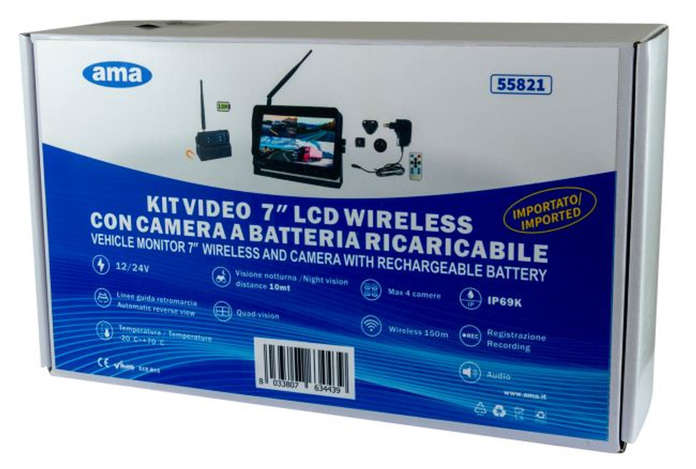 Kit video wireless AHD 7" con camera magnetica a batteria ricaricabile 12-24V - Ama