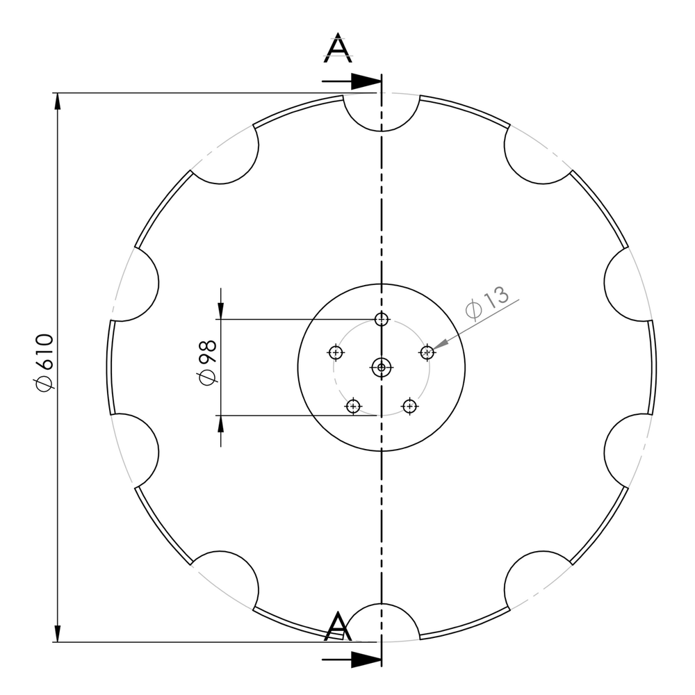 DISCO 610X5 CONCAVO DENTATO BASE PIANA, 5 FORI ø 13 SU ø 98 SKF - Ama
