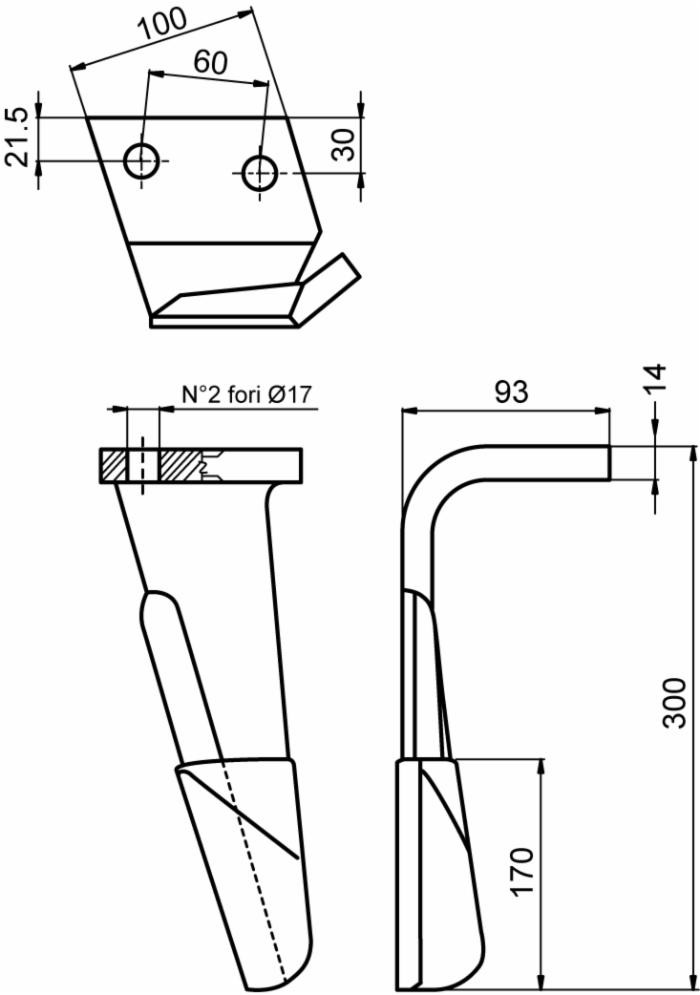 Dente per erpice lunghezza 300mm fori Ø 17mm - Ama