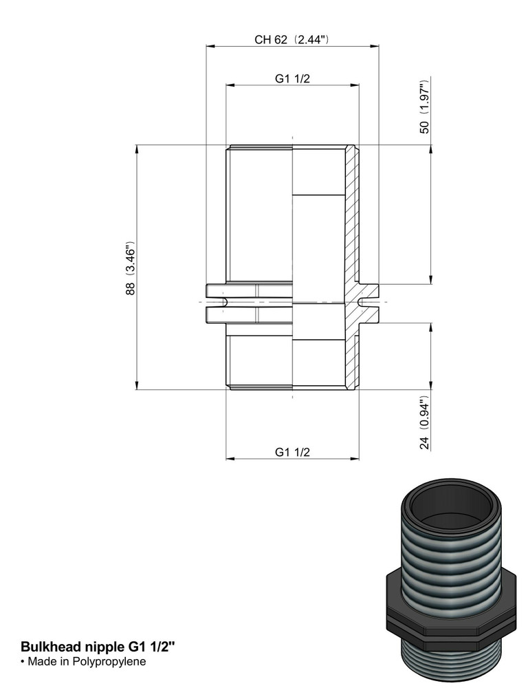 Nipplo passaparete bulkhead Arag g 1 1/2" lungo 88 mm - Arag